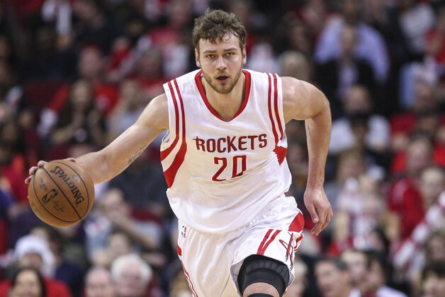 Feb 8, 2015; Houston, TX, USA; Houston Rockets forward Donatas Motiejunas (20) brings the ball up the court during the first quarter against the Portland Trail Blazers at Toyota Center. Mandatory Credit: Troy Taormina-USA TODAY Sports