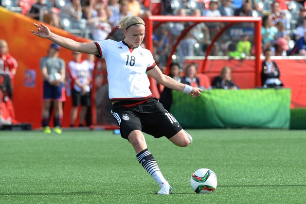Jun 7, 2015; Ottawa, Ontario, CAN; Germany forward Alexandra Popp (18) kicks a free kick for a goal against Ivory Coast in the second half of a Group B soccer match in the 2015 women's World Cup at Lansdowne Stadium. Germany defeated Ivory Coast 10-0. Mandatory Credit: Marc DesRosiers-USA TODAY Sports