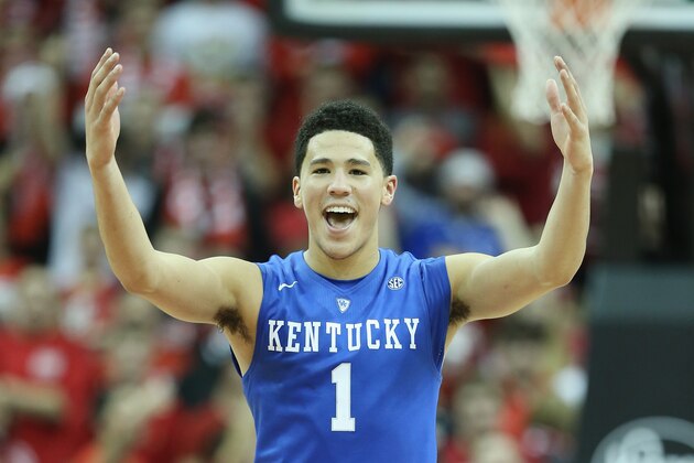 LOUISVILLE, KY - DECEMBER 27:  Devin Booker #1 of the Kentucky Wilcats celebrates during the game against the Louisville Cardinals at KFC YUM! Center on December 27, 2014 in Louisville, Kentucky.  (Photo by Andy Lyons/Getty Images)