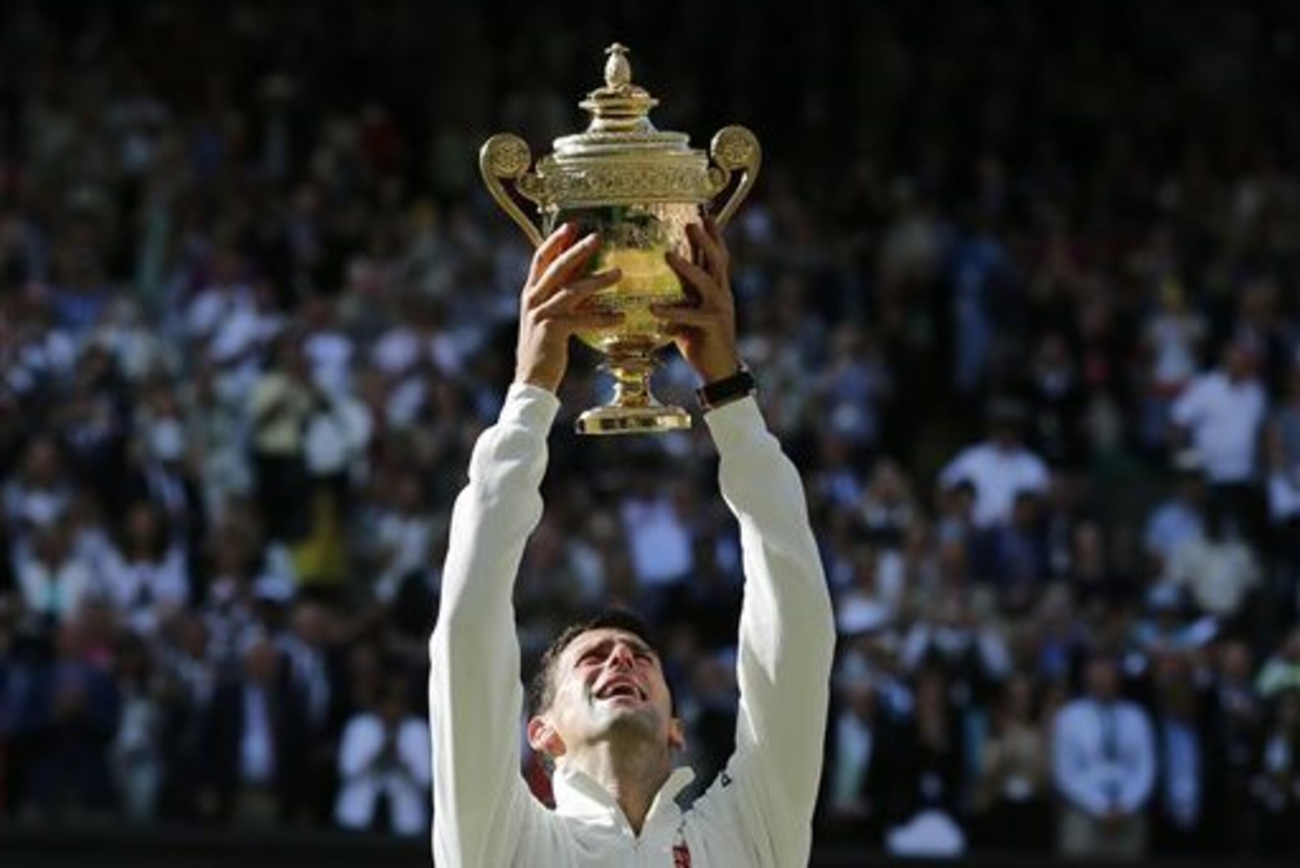 Novak Djokovic of Serbia holds up the trophy after defeating Roger Federer of Switzerland in the men's singles final at the All England Lawn Tennis Championships in Wimbledon, London, Sunday, July 6, 2014. (AP Photo/Ben Curtis)