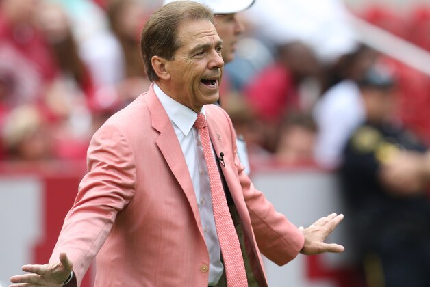 Apr 18, 2015; Tuscaloosa, AL, USA; Alabama Crimson Tide head coach Nick Saban during the A-day game at Bryant Denny Stadium. Mandatory Credit: Marvin Gentry-USA TODAY Sports