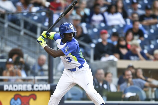Daz Cameron, of Eagles Landing Christian Academy,  in Mc Donough, GA., during a high school all-star baseball game Sunday, Aug. 10, 2014, in San Diego. (AP Photo/Lenny Ignelzi)