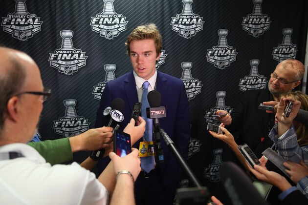 CHICAGO, IL - JUNE 08:  Upcoming NHL draft pick Connor McDavid speaks with the media during media availability at United Center on June 8, 2015 in Chicago, Illinois.  (Photo by Bruce Bennett/Getty Images)