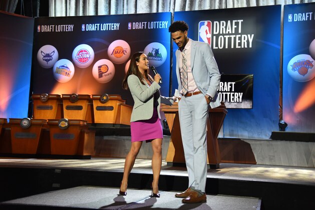 NEW YORK - MAY 19: Cassidy Hubbarth of ESPN interviews Draft Prospect Willie Cauley-Stein during the 2015 NBA Draft Lottery  on May 19, 2015 at the New York Hilton Midtown in New York City.  NOTE TO USER: User expressly acknowledges and agrees that, by downloading and/or using this photograph, user is consenting to the terms and conditions of the Getty Images License Agreement. Mandatory Copyright Notice: Copyright 2015 NBAE (Photo by Jesse D. Garrabrant/NBAE via Getty Images)
