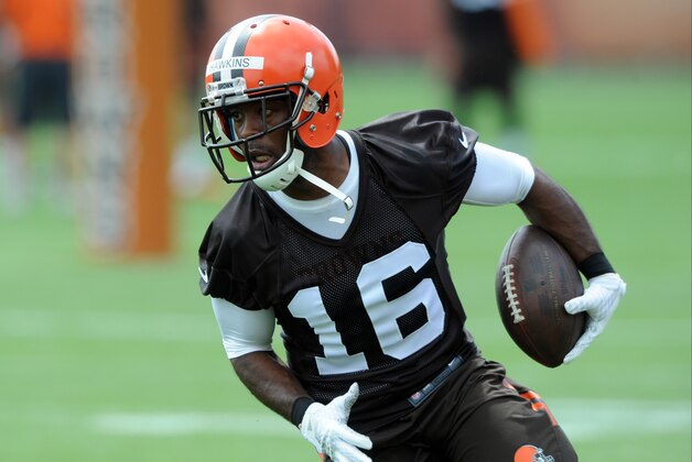 May 26, 2015; Berea, OH, USA; Cleveland Browns wide receiver Andrew Hawkins (16) during organized team activities at the Cleveland Browns training facility. Mandatory Credit: Ken Blaze-USA TODAY Sports