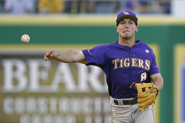 LSU shortstop Alex Bregman (8) throws out Louisiana-Lafayette's Joe Robbins during the third inning of a game at the LSU Super Regional of the NCAA college baseball tournament in Baton Rouge, La., Sunday, June 7, 2015. (AP Photo/Gerald Herbert) LSU shortstop Alex Bregman (8) throws out Louisiana-Lafayette's Joe Robbins during the third inning of a game at the LSU Super Regional of the NCAA college baseball tournament in Baton Rouge, La., Sunday, June 7, 2015. (AP Photo/Gerald Herbert)