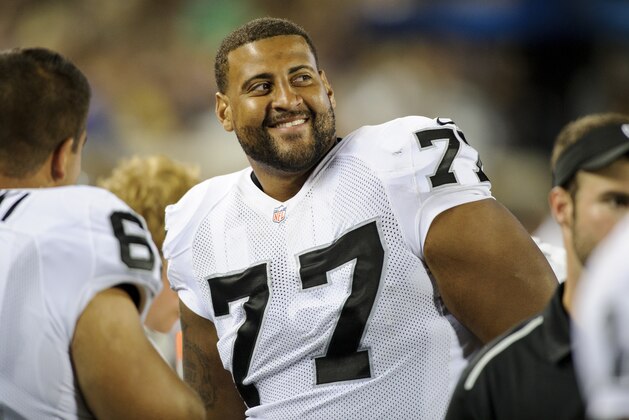 MINNEAPOLIS, MN - AUGUST 8: Austin Howard #77 of the Oakland Raiders looks on during the game against the Minnesota Vikings on August 8, 2014 at TCF Bank Stadium in Minneapolis, Minnesota. (Photo by Hannah Foslien/Getty Images)