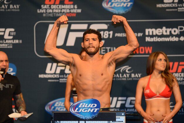 Dec 5, 2014; Las Vegas, Nevada, USA; Gilbert Melendez weighs in for his bout against Anthony Pettis (not pictured) during the UFC 181 weigh-ins at Mandalay Bay Events Center. Mandatory Credit: Joe Camporeale-USA TODAY Sports