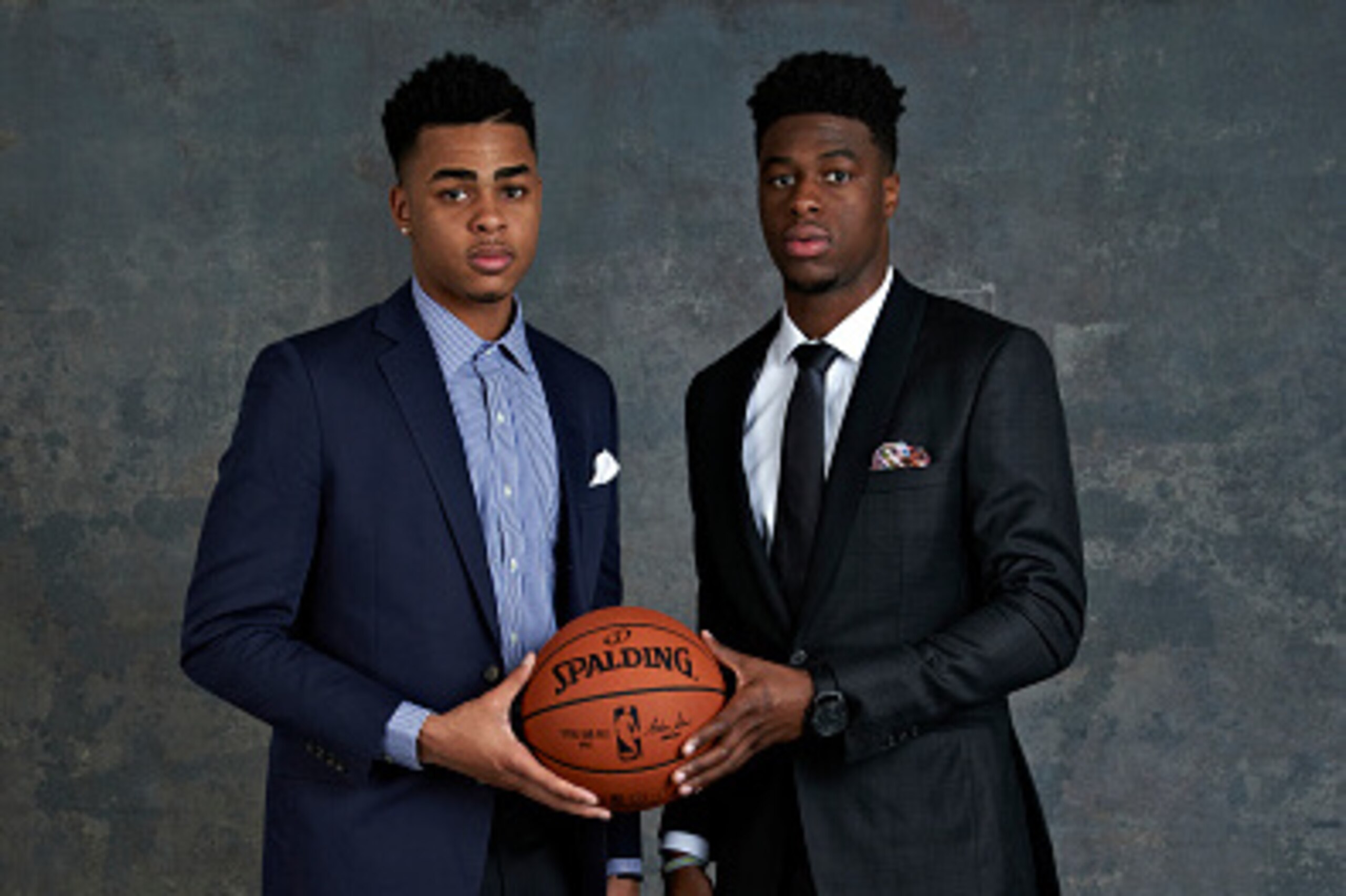 NEW YORK - MAY 19: Draft Prospect D'Angelo Russell and Emmanuel Mudiay poses for some portraits prior to the 2015 NBA Draft Lottery on May 19, 2015 at the NBA Headquarters in New York City.  NOTE TO USER: User expressly acknowledges and agrees that, by downloading and/or using this photograph, user is consenting to the terms and conditions of the Getty Images License Agreement. Mandatory Copyright Notice: Copyright 2015 NBAE (Photo by Jennifer Pottheiser/NBAE via Getty Images)