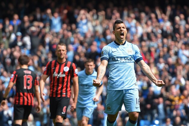 MANCHESTER, ENGLAND - MAY 10:  Sergio Aguero of Manchester City celebrates after scoring his team's fourth goal from the penalty spot during the Barclays Premier League match between Manchester City and Queens Park Rangers at the Etihad Stadium on May 10, 2015 in Manchester, England.  (Photo by Michael Regan/Getty Images)