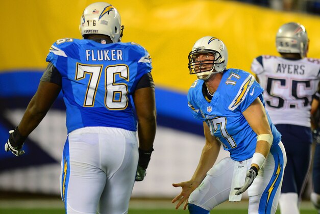 Dec 7, 2014; San Diego, CA, USA; San Diego Chargers quarterback Philip Rivers (17) reacts at tackle D.J. Fluker (76) after being sacked during the third quarter against the New England Patriots at Qualcomm Stadium. Mandatory Credit: Jake Roth-USA TODAY Sports