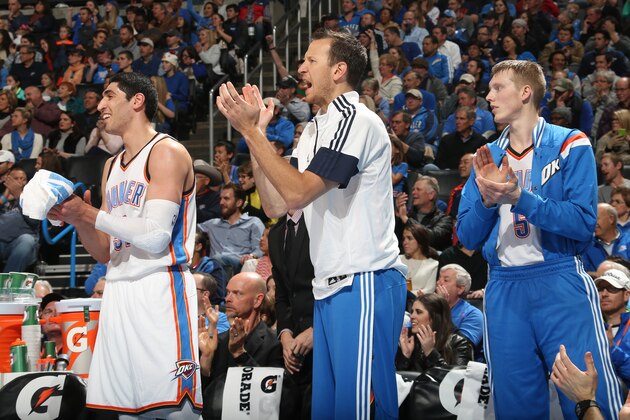 OKLAHOMA CITY, OK - FEBRUARY 22: Enes Kanter #34 Steve Novak #6 and Kyle Singler #5 of the Oklahoma City Thunder during the game against the Denver Nuggets on February 22, 2015 at the Chesapeake Energy Arena in Oklahoma City, Oklahoma. NOTE TO USER: User expressly acknowledges and agrees that, by downloading and or using this Photograph, user is consenting to the terms and conditions of the Getty Images License Agreement. Mandatory Copyright Notice: Copyright 2015 NBAE (Photo by Layne Murdoch/NBAE via Getty Images)