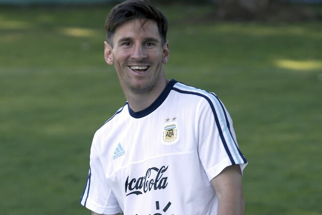 Argentina's Lionel Messi smiles during a training session in La Serena, Chile, Tuesday, June 9, 2015. Argentina will play Paraguay in La Serena on June 13 for the Copa America. (AP Photo/Jose Brusco)