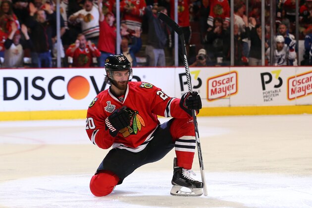 CHICAGO, IL - JUNE 08:  Brandon Saad #20 of the Chicago Blackhawks celebrates a third period goal against the Tampa Bay Lightning during Game Three of the 2015 NHL Stanley Cup Final at the United Center on June 8, 2015 in Chicago, Illinois.  (Photo by Bruce Bennett/Getty Images)