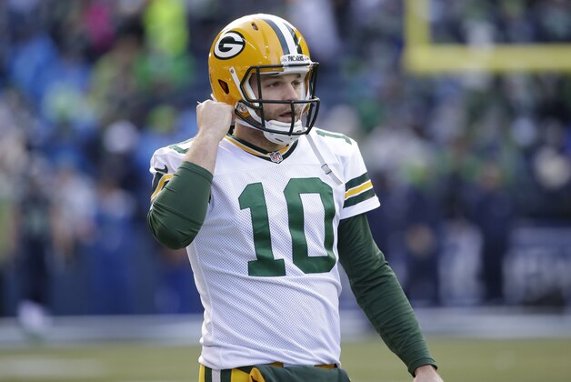 Green Bay Packers quarterback Matt Flynn (10) warms up before the NFL football NFC Championship game against the Seattle Seahawks Sunday, Jan. 18, 2015, in Seattle. (AP Photo/Elaine Thompson)