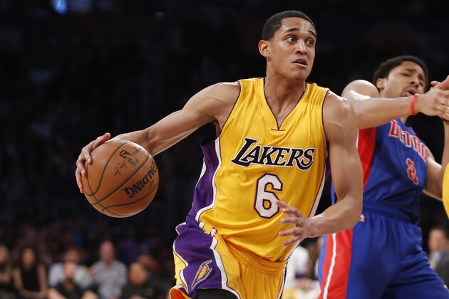 Los Angeles Lakers' Jordan Clarkson dribbles against the Detroit Pistons during the second half of an NBA Basketball game, Tuesday, March 10, 2015, in Los Angeles. The Lakers won 93-85. (AP Photo/Danny Moloshok)