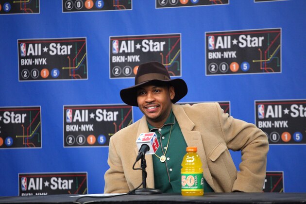 NEW YORK, NY - FEBRUARY 15: Carmelo Anthony of the Western Conference All-Stars talks to the media during the 2015 NBA All-Star Game as part of the 2015 All-Star Weekend at Madison Square Garden on February 15, 2015 in New York, New York. NOTE TO USER: User expressly acknowledges and agrees that, by downloading and/or using this photograph, user is consenting to the terms and conditions of the Getty Images License Agreement.  Mandatory Copyright Notice: Copyright 2015 NBAE (Photo by Melanie Fidler/NBAE via Getty Images)