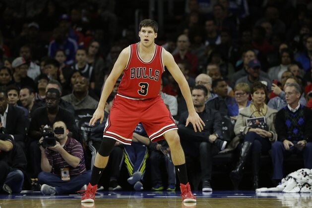 Chicago Bulls' Doug McDermott in action during an NBA basketball game against the Philadelphia 76ers, Friday, Nov. 7, 2014, in Philadelphia. (AP Photo/Matt Slocum)