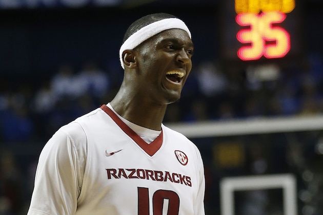 Arkansas forward Bobby Portis (10) celebrate a foul against Georgia during the second half of an NCAA college basketball game in the semifinal round of the Southeastern Conference tournament, Saturday, March 14, 2015, in Nashville, Tenn. (AP Photo/Steve Helber)