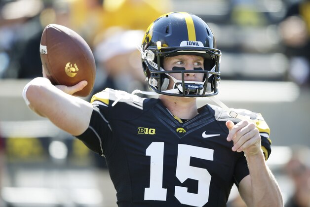 Iowa quarterback Jake Rudock warms up before an NCAA college football game against Iowa State, Saturday, Sept. 13, 2014, in Iowa City, Iowa. (AP Photo/Charlie Neibergall)