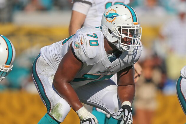 Miami Dolphins tackle Ja'Wuan James (70) lines up against the Jacksonville Jaguars during the second half of an NFL football game in Jacksonville, Fla., Sunday, Oct. 26, 2014. Miami won 27-13. (AP Photo/Gary McCullough)