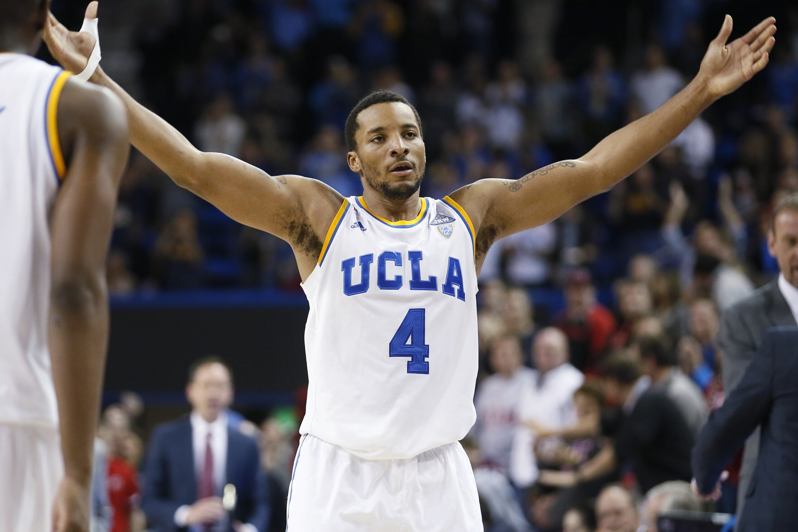 UCLA's Norman Powell celebrates his team's 69-59 victory over Utah in an NCAA college basketball game Thursday, Jan. 29, 2015, in Los Angeles. (AP Photo/Danny Moloshok)