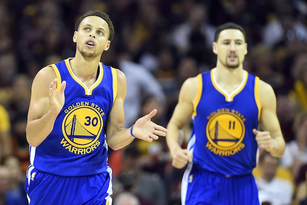 Jun 11, 2015; Cleveland, OH, USA; Golden State Warriors guard Stephen Curry (30) celebrates after a play during the third quarter against the Cleveland Cavaliers in game four of the NBA Finals at Quicken Loans Arena. Mandatory Credit: Bob Donnan-USA TODAY Sports