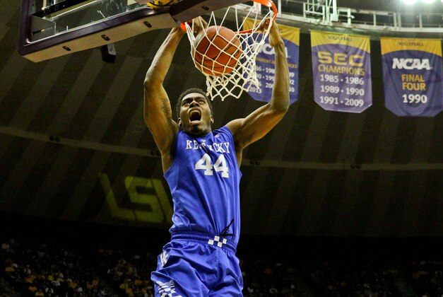 Feb 10, 2015; Baton Rouge, LA, USA; Kentucky Wildcats center Dakari Johnson (44) dunks against the LSU Tigers during the first half of a game at the Pete Maravich Assembly Center. Mandatory Credit: Derick E. Hingle-USA TODAY Sports