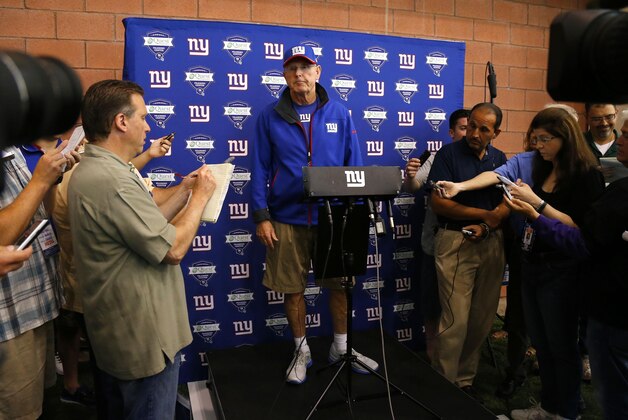 Jun 8, 2015; East Rutherford, NJ, USA;  New York Giants head coach Tom Coughlin addresses media during organized team activities at Quest Diagnostics Training Center.  Mandatory Credit: Noah K. Murray-USA TODAY