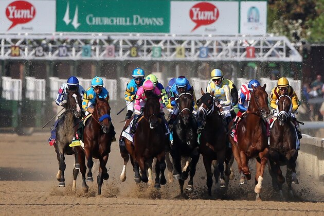 LOUISVILLE, KY - MAY 02:  Firing Line #10, ridden by Gary Stevens, races Dortmund #8, ridden by Martin Garcia, down the frontstretch at the start of the 141st running of the Kentucky Derby at Churchill Downs on May 2, 2015 in Louisville, Kentucky.  (Photo by Chris Graythen/Getty Images)
