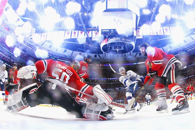 CHICAGO, IL - JUNE 10: Steven Stamkos #91 of the Tampa Bay Lightning takes a shot at Corey Crawford #50 of the Chicago Blackhawks in the closing minutes of Game Four of the 2015 NHL Stanley Cup Final at the United Center on June 10, 2015 in Chicago, Illinois.  (Photo by Bruce Bennett/Getty Images)