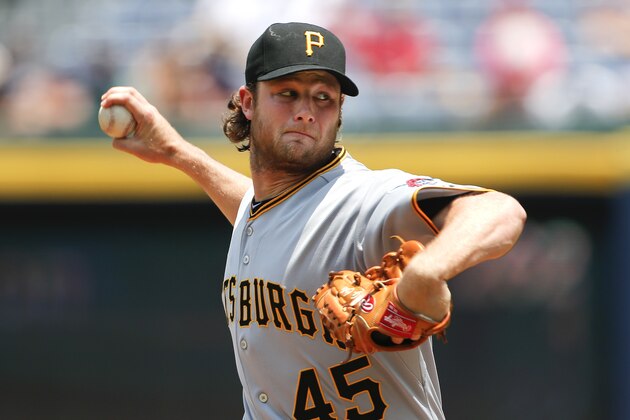 Pittsburgh Pirates starting pitcher Gerrit Cole (45) works in the first inning of baseball game against the Atlanta Braves, Sunday, June 7, 2015, in Atlanta. Pittsburgh won 3-0. (AP Photo/John Bazemore)