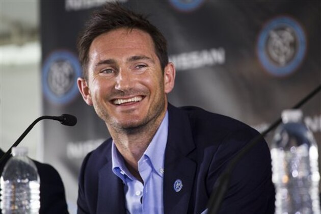 FILE - In this July 24, 2014 file photo, Frank Lampard smiles during his introduction as a member of the MLS expansion club New York City FC  in New York. The former Chelsea and England midfielder, was one of many past and present British sports stars and officials to be honored Friday June 12, 2015 in Queen Elizabeth II’s birthday list. Lampard was made an Officer of the Order of the British Empire (OBE) for his services to football, after playing 106 times for England and scoring a club-record 211 goals for Chelsea in 13 years. (AP Photo/Craig Ruttle, File)