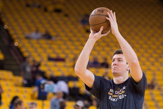 April 20, 2015; Oakland, CA, USA; New Orleans Pelicans center Omer Asik (3) shoots the basketball before game two of the first round of the NBA Playoffs against the Golden State Warriors at Oracle Arena. Mandatory Credit: Kyle Terada-USA TODAY Sports