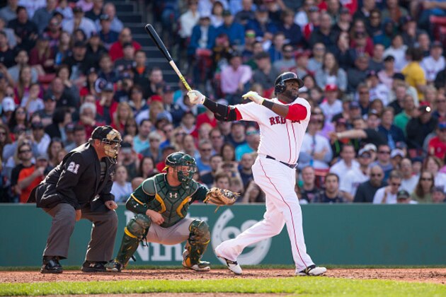 BOSTON, MA - JUNE 6: David Ortiz #34 of the Boston Red Sox hits a double against the Oakland Athletics during the third inning at Fenway Park on June 6, 2015 in Boston, Massachusetts. The Red Sox won 4-2. (Photo by Rich Gagnon/Getty Images)