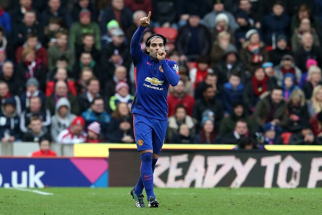 STOKE ON TRENT, ENGLAND - JANUARY 01:  Radamel Falcao of Manchester United  celebrates scoring his team's first goal during the Barclays Premier League match between Stoke City and Manchester United at Britannia Stadium on January 1, 2015 in Stoke on Trent, England.  (Photo by Jan Kruger/Getty Images)