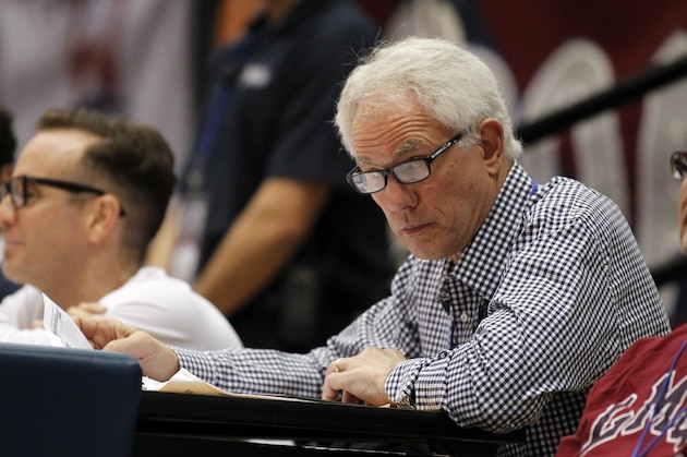 Los Angeles Lakers general manager Mitch Kupchak attends an NCAA college basketball game between between Loyola Marymount and the BYU in Los Angeles, Saturday, Feb. 7, 2015. BYU won 87-68. (AP Photo/Alex Gallardo)