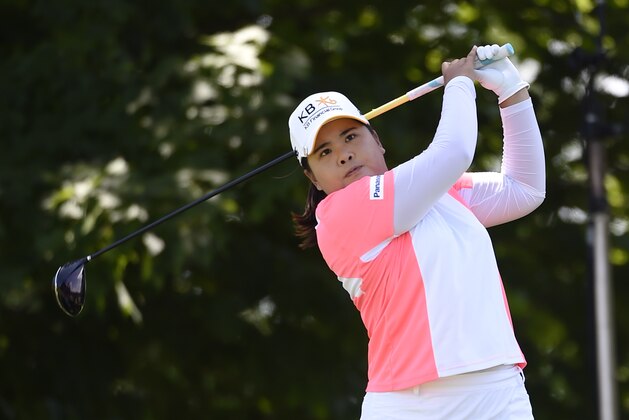 Inbee Park of South Korea tees off at the second hole during the third round of the KPMG Women's PGA golf championship at Westchester Country Club on Saturday, June 13, 2015, in Harrison, N.Y. (AP Photo/Kathy Kmonicek)