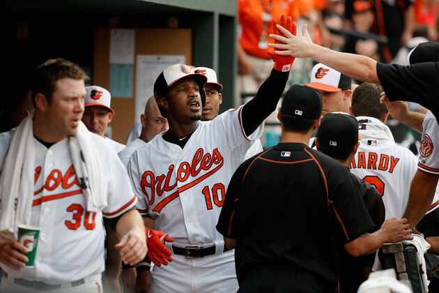 BALTIMORE, MD - JUNE 11:  Adam Jones #10 of the Baltimore Orioles celebrates in the dugout after hitting a solo home run against the Boston Red Sox in the first inning at Oriole Park at Camden Yards on June 11, 2015 in Baltimore, Maryland.  (Photo by Rob Carr/Getty Images)