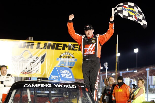 Cole Custer celebrates his victory in a NASCAR Camping World Truck Series auto race at Gateway Motorsports Park in Madison, Ill., Saturday, June 13, 2015.  (AP Photo/Scott Kane)