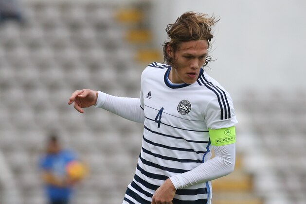 MARINHA GRANDE, PORTUGAL - MARCH 26:  Denmark's defender J. Vestergaard in action during the U21 International Friendly between Portugal and Denmark on March 26, 2015 in Marinha Grande, Portugal.  (Photo by Gulater Fatia/Getty Images)