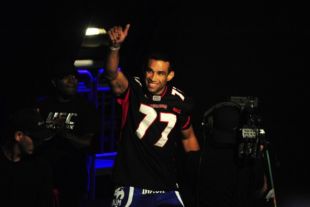 Apr 18, 2014; Orlando, FL, USA; Fabricio Werdum points to the crowd before a weigh-in for his heavyweight fight again Travis Browne for UFC on FOX 11 at Amway Center. Mandatory Credit: David Manning-USA TODAY Sports