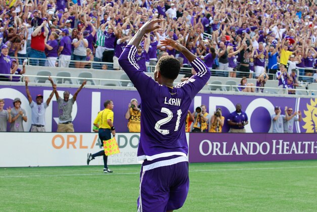 May 17, 2015; Orlando, FL, USA; Orlando City SC forward Cyle Larin (21) reacts after he scored a goal during the first half against the Los Angeles Galaxy at Orlando Citrus Bowl Stadium. Mandatory Credit: Kim Klement-USA TODAY Sports