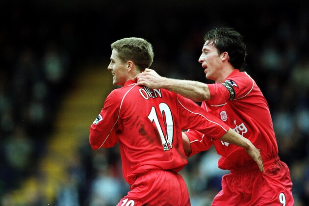 11 Mar 2001:  Michael Owen of Liverpool celebrates with Robbie Fowler after scoring Liverpool's second goal during the Tranmere Rovers v Liverpool AXA FA Cup Sixth round match at Prenton Park, Tranmere. Mandatory Credit: Clive Brunskill/ALLSPORT