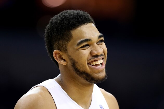 LOUISVILLE, KY - MARCH 19:  Karl-Anthony Towns #12 of the Kentucky Wildcats reacts against the Hampton Pirates during the second round of the 2015 NCAA Men's Basketball Tournament at the KFC YUM! Center on March 19, 2015 in Louisville, Kentucky.  (Photo by Andy Lyons/Getty Images)