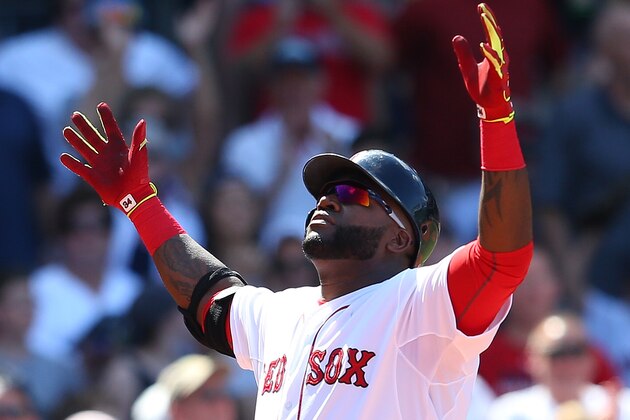 BOSTON, MA - JUNE 13:  David Ortiz #34 of the Boston Red Sox reacts after hitting a home run against the Toronto Blue Jays in the sixth inning at Fenway Park on June 13, 2015 in Boston, Massachusetts.  (Photo by Jim Rogash/Getty Images)