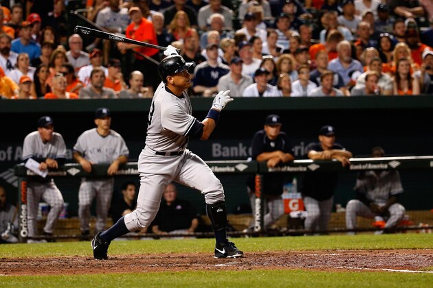 BALTIMORE, MD - JUNE 13:  Alex Rodriguez #13 of the New York Yankees follows his two RBI home run in the sixth inning against the Baltimore Orioles at Oriole Park at Camden Yards on June 13, 2015 in Baltimore, Maryland. The hit gave Rodriguez 2,001 career RBI's and 2,995 hits.  (Photo by Rob Carr/Getty Images)