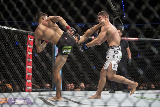 United States' Charles Rosa, right, battles against Mexico's Yair Rodriguez during a men's featherweight UFC 188 mixed arts bout in Mexico City, Saturday, June 13, 2015. Rodriguez won the fight by decision. (AP Photo/Christian Palma)