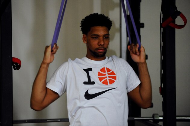 SANTA BARBARA - MAY 27:  NBA Draft Prospect Jahlil Okafor works out on May 27, 2015 at The Peak Performance Project in Santa Barbara, California. NOTE TO USER: User expressly acknowledges and agrees that, by downloading and/or using this Photograph, user is consenting to the terms and conditions of the Getty Images License Agreement. Mandatory Copyright Notice: Copyright 2015 NBAE (Photo by Juan Ocampo/NBAE via Getty Images)