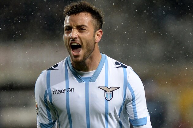 Lazio's Felipe Anderson celebrates after scoring during a Serie A soccer match between Torino and Lazio at the Olympic stadium, in Turin, Italy, Monday, March 16, 2015. (AP Photo/Massimo Pinca)